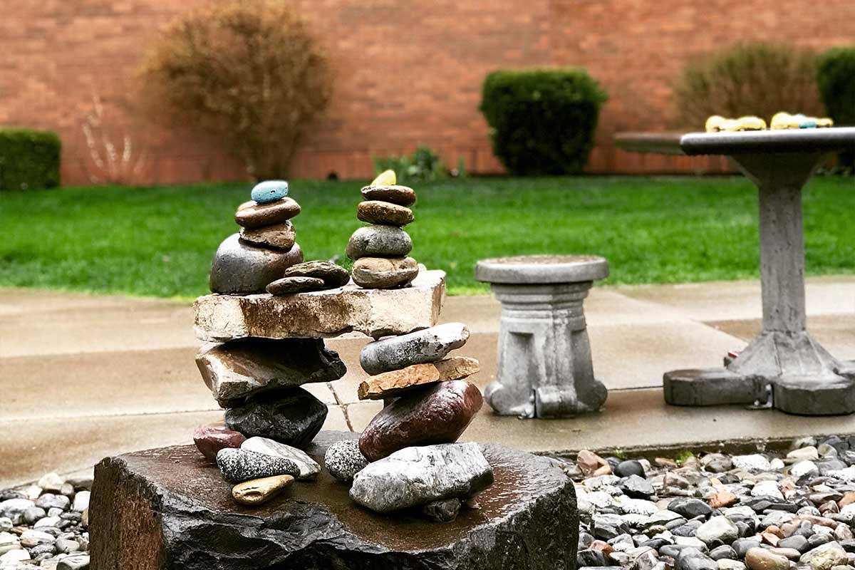 Stacked rocks in front of the student union building