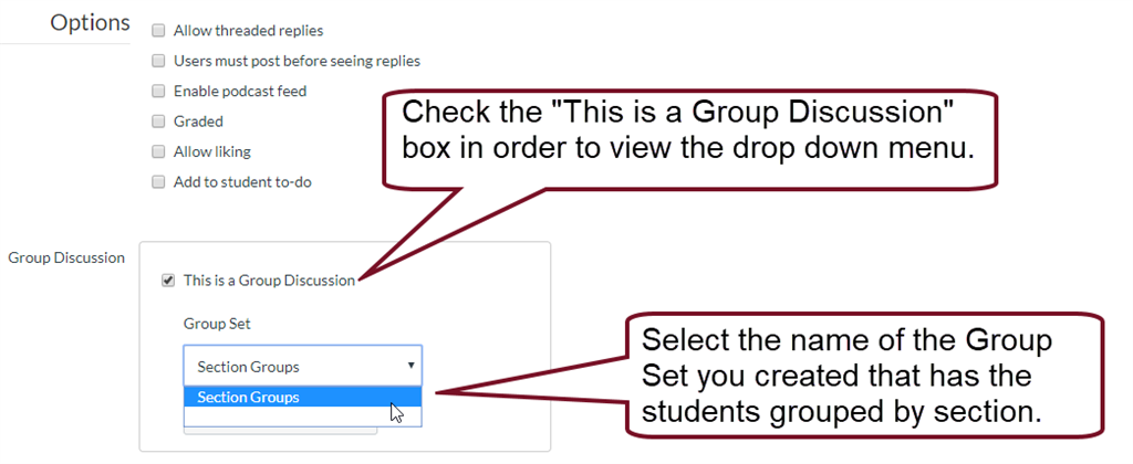 Group discussion options box with this is a group discussion checkbox selected and the dropdown menu set to Section Groups