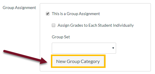 Canvas group assignment window options with this is a group assignment checkbox selected and new group category highlighted