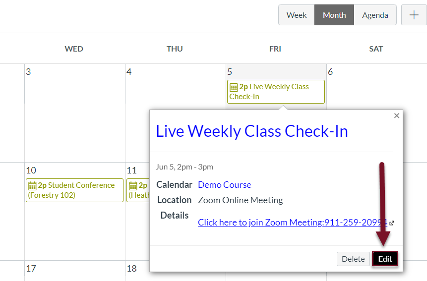 An image showing the pop up information for a selected item in the Canvas Calendar showing general meeting information