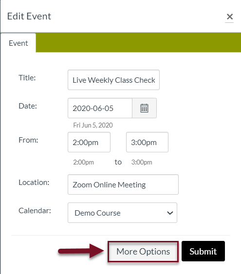 Canvas view of editing an event with an arrow pointing to more options at the bottom.