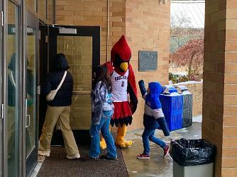 NIC’s Cecil the Cardinal welcomes spellers and audience members to the Inland Northwest Spelling Bee held Saturday at NIC’s Boswell Hall Schuler Performing Arts Center. The top two winners will travel to compete at the Scripps National Spelling Bee in Washington D.C. in May.