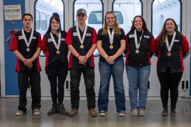 From left, NIC autobody students Damien Nord-Fencl, Callitia McClintock, Chris Brandt, Zoe Hunt, Emily Vig and Destiny Shamblin pose for a photo with their medals from the Idaho SkillsUSA State Leadership and Skills Conference.