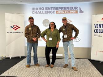 From left, NIC students Dylan Herman, Casandra Rencken and Cain Gardner pose for a photo on April 3 at the Idaho Entrepreneur Challenge in Boise.